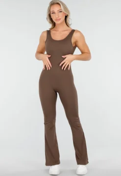 Bruine Yoga Jumpsuit Met Flared Pijpen en Lage Rug
