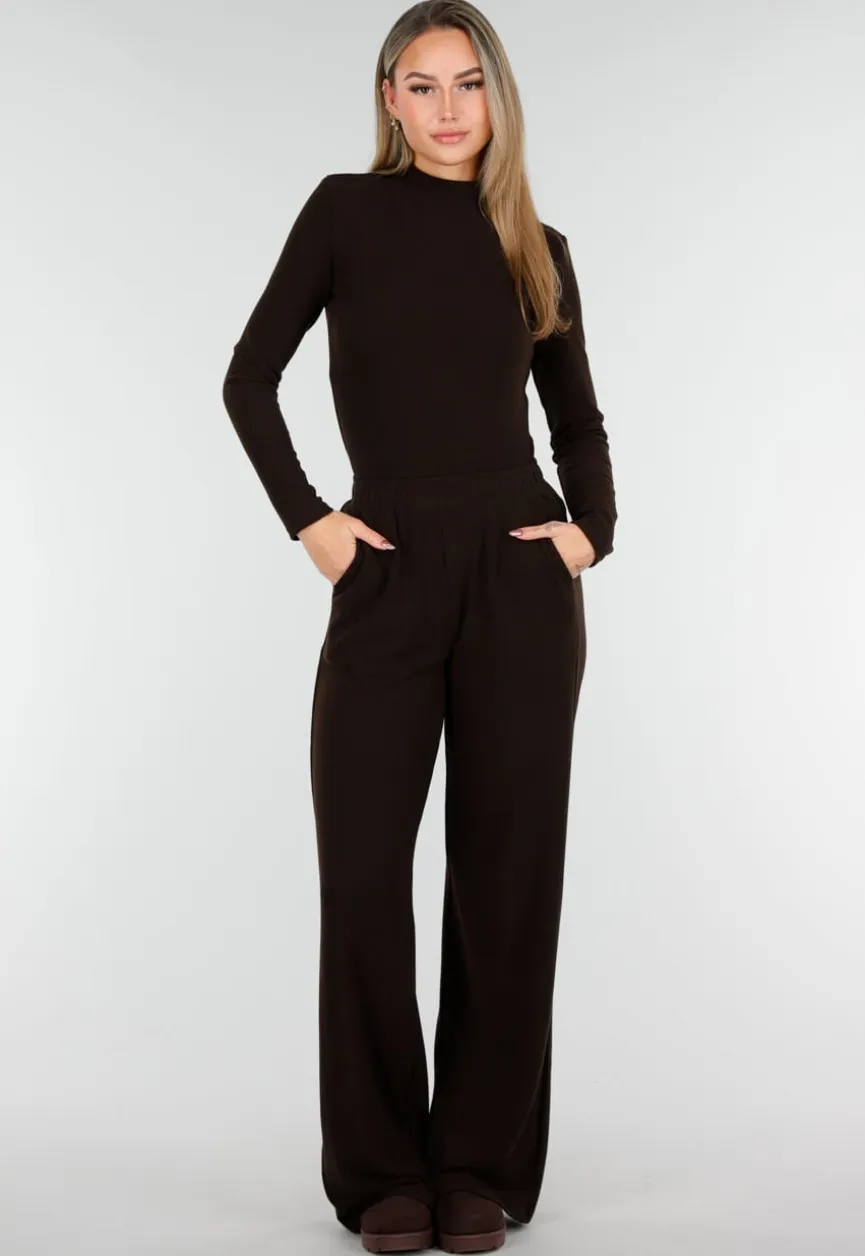 Bruine Zachte Stretch Top met Col en Lange Mouwen