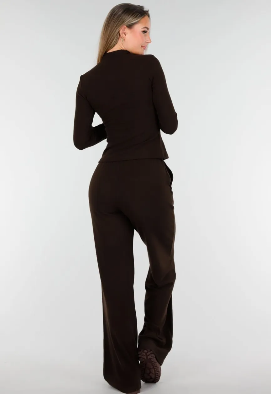 Bruine Zachte Stretch Top met Col en Lange Mouwen