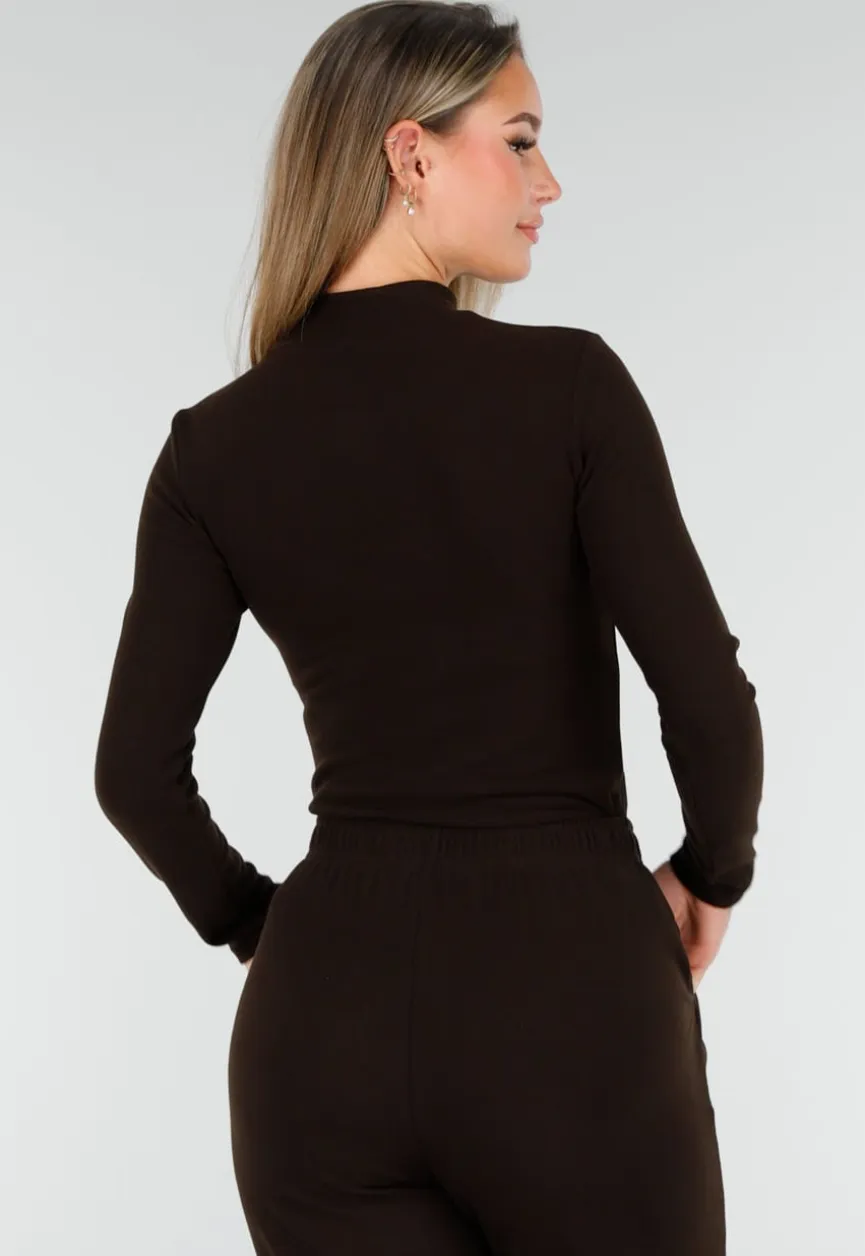 Bruine Zachte Stretch Top met Col en Lange Mouwen