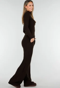 Bruine Zachte Stretch Top met Col en Lange Mouwen