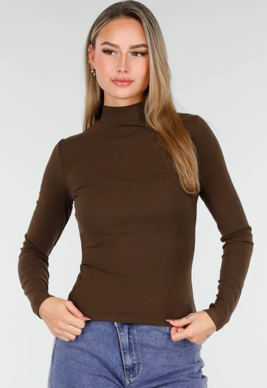 Bruine Zachte Stretch Top met Lange Mouwen en Col