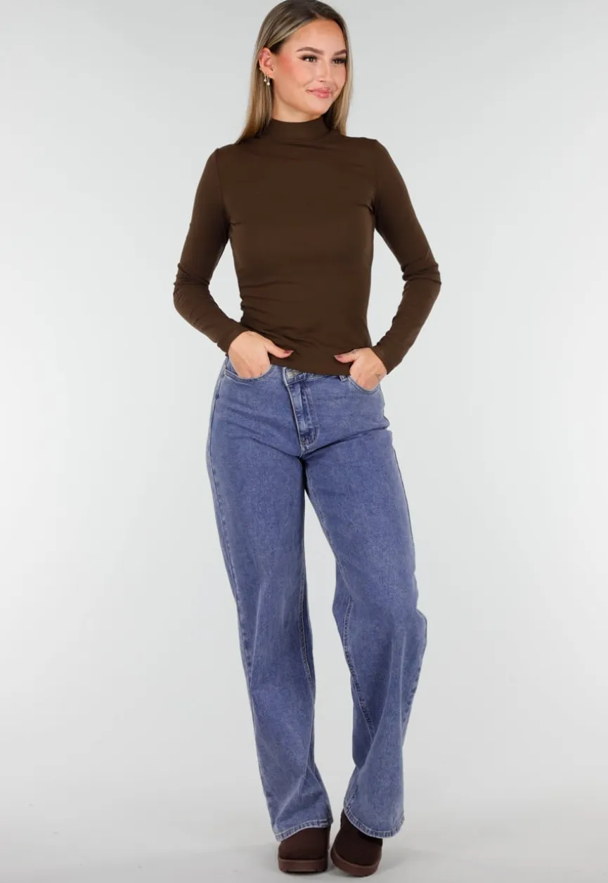 Bruine Zachte Stretch Top met Lange Mouwen en Col