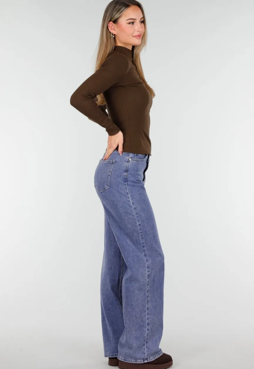 Bruine Zachte Stretch Top met Lange Mouwen en Col
