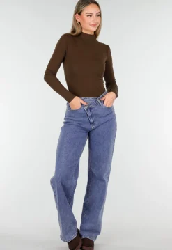 Bruine Zachte Stretch Top met Lange Mouwen en Col