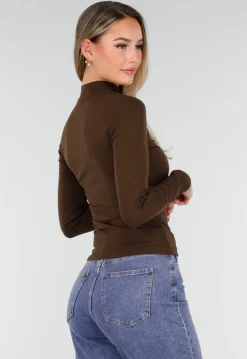 Bruine Zachte Stretch Top met Lange Mouwen en Col