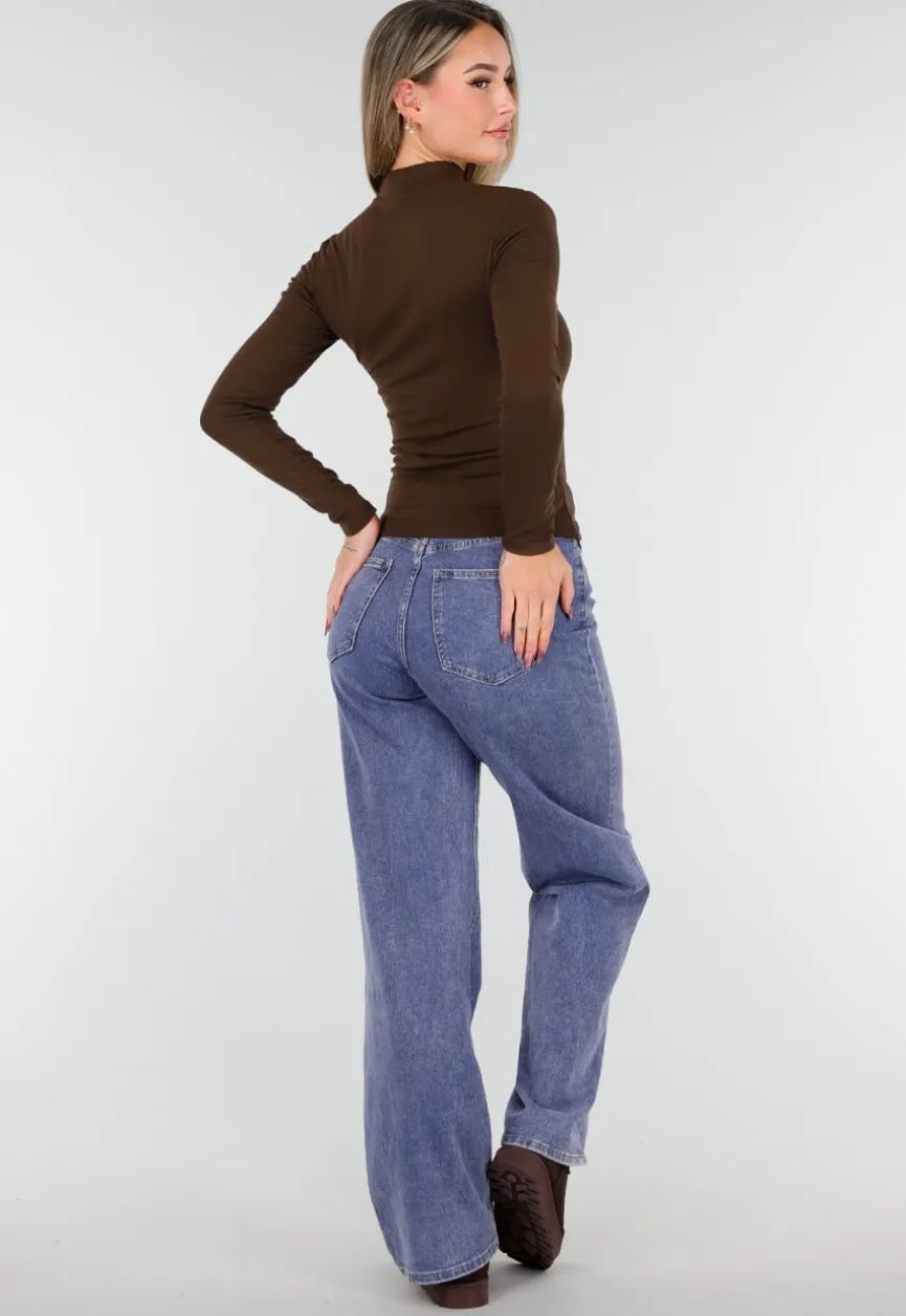 Bruine Zachte Stretch Top met Lange Mouwen en Col