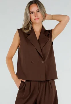 Bruin Mouwloos Gilet met Double Breasted Knoopsluiting