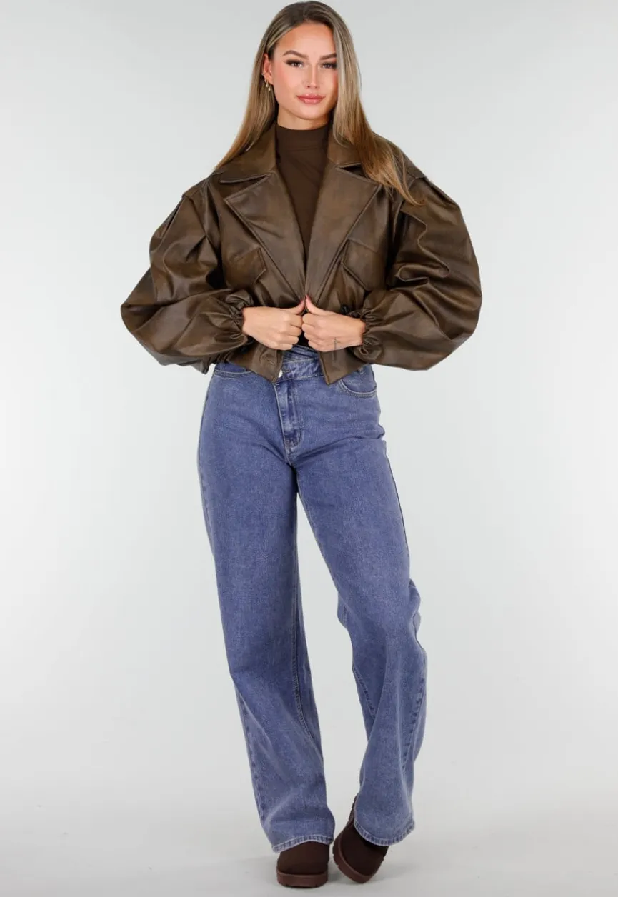 Bruin Oversized Faux Leather Jasje met Pofmouwen