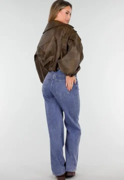 Bruin Oversized Faux Leather Jasje met Pofmouwen