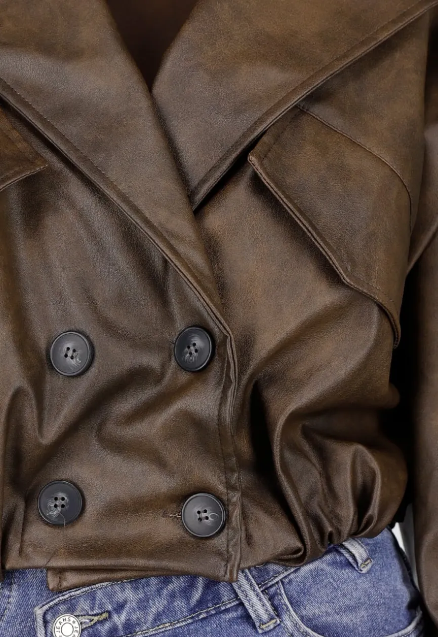 Bruin Oversized Faux Leather Jasje met Pofmouwen