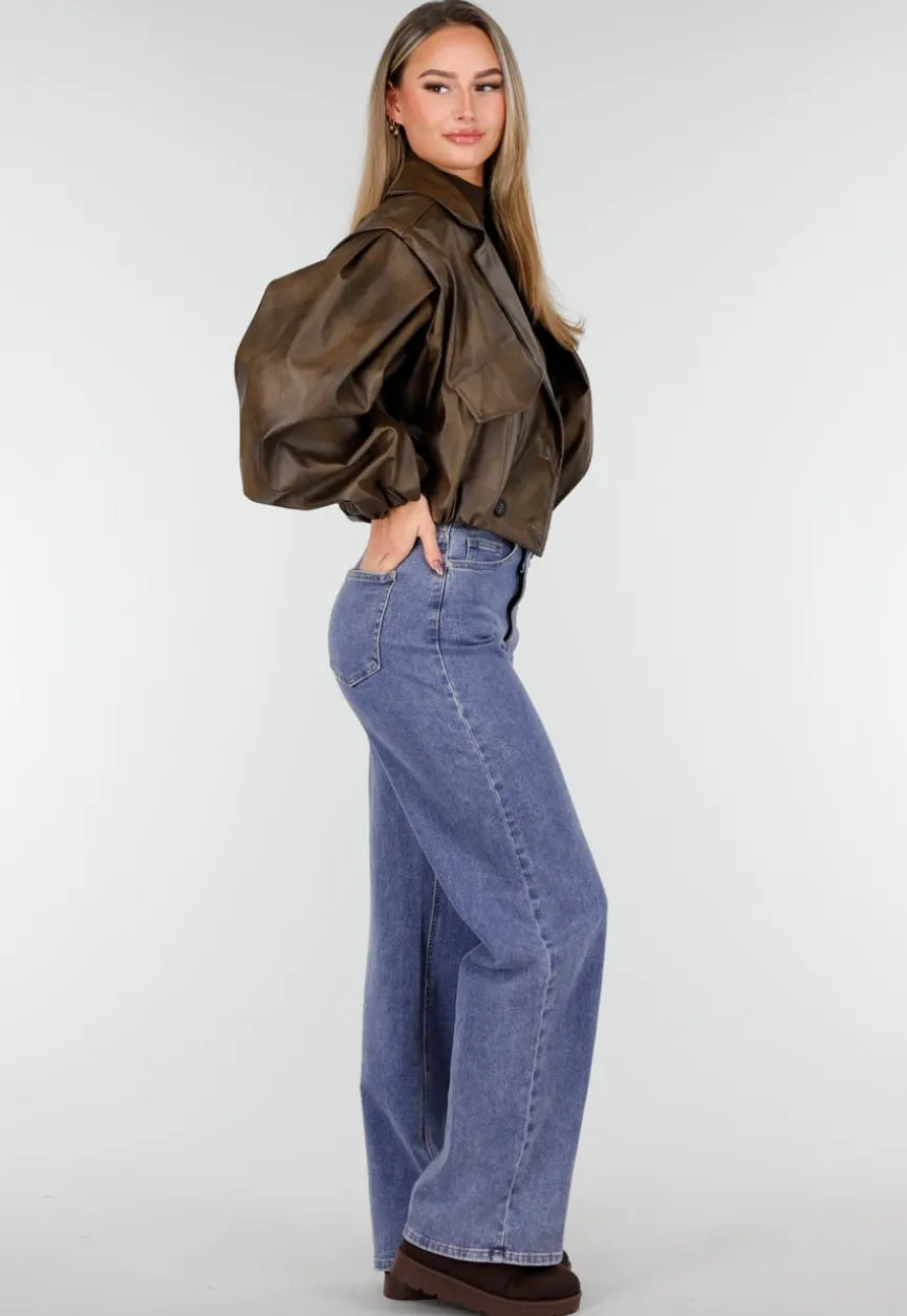 Bruin Oversized Faux Leather Jasje met Pofmouwen