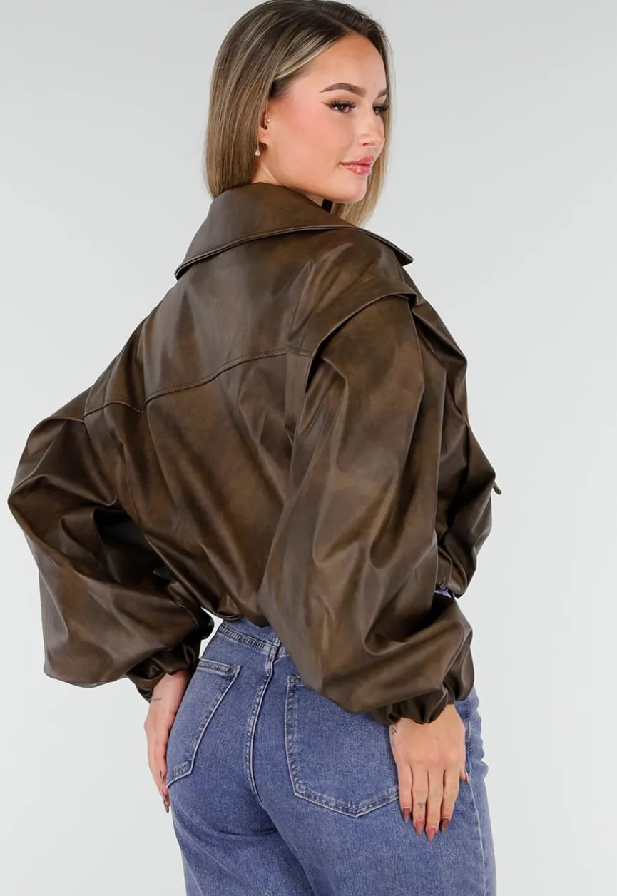Bruin Oversized Faux Leather Jasje met Pofmouwen