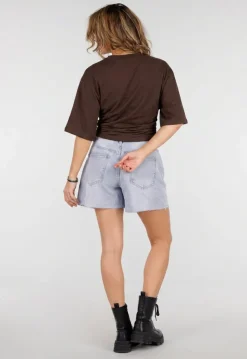 Bruin Oversized T-Shirt met Halflange Mouwen en Geplooid Detail