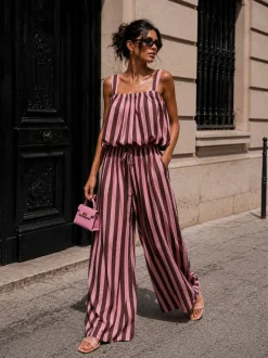Bruin Roze Gestreepte Two Piece Set met Mouwloze Top en Wide Leg Broek