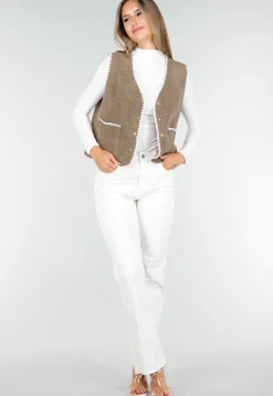 Bruin Teddy Gilet met Witte Randen en Knoopsluiting