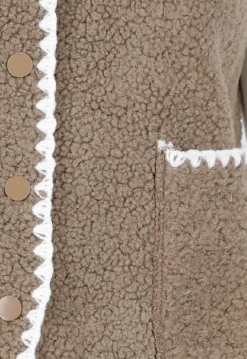 Bruin Teddy Gilet met Witte Randen en Knoopsluiting