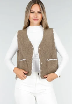Bruin Teddy Gilet met Witte Randen en Knoopsluiting