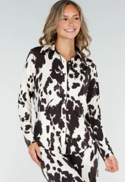 Bruin-Witte Blouse met Koeienprint en Goudkleurige Knopen
