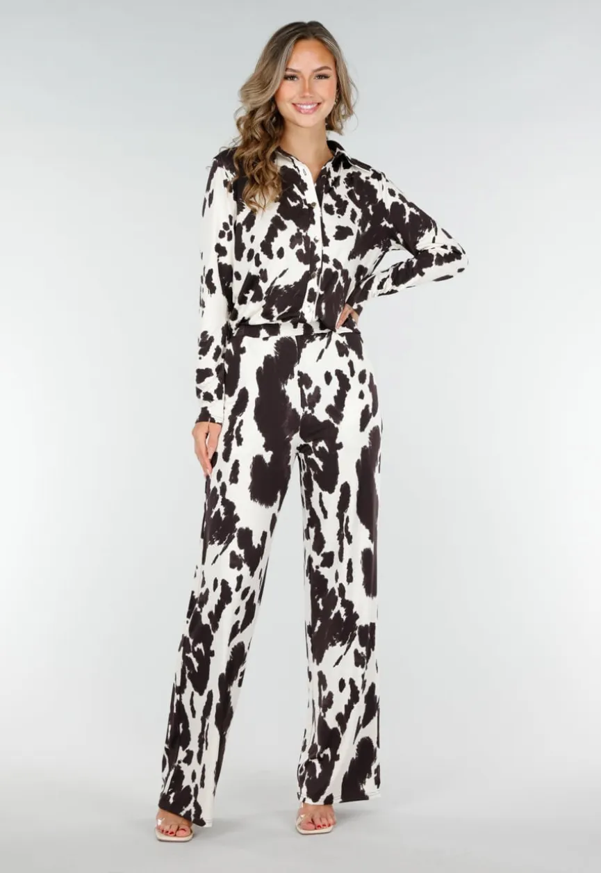 Bruin-Witte Blouse met Koeienprint en Goudkleurige Knopen