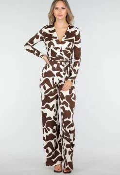 Bruin-Witte Stretch Jumpsuit met Overslag en Ceintuur