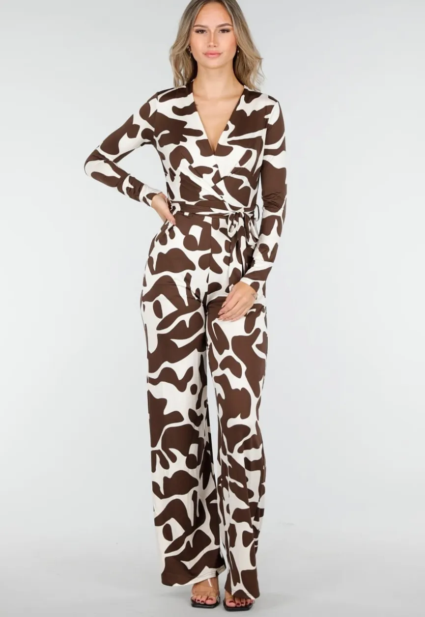 Bruin-Witte Stretch Jumpsuit met Overslag en Ceintuur