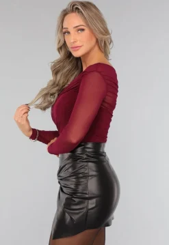 Burgundy Geplooide Mesh Top