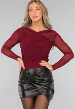 Burgundy Geplooide Mesh Top