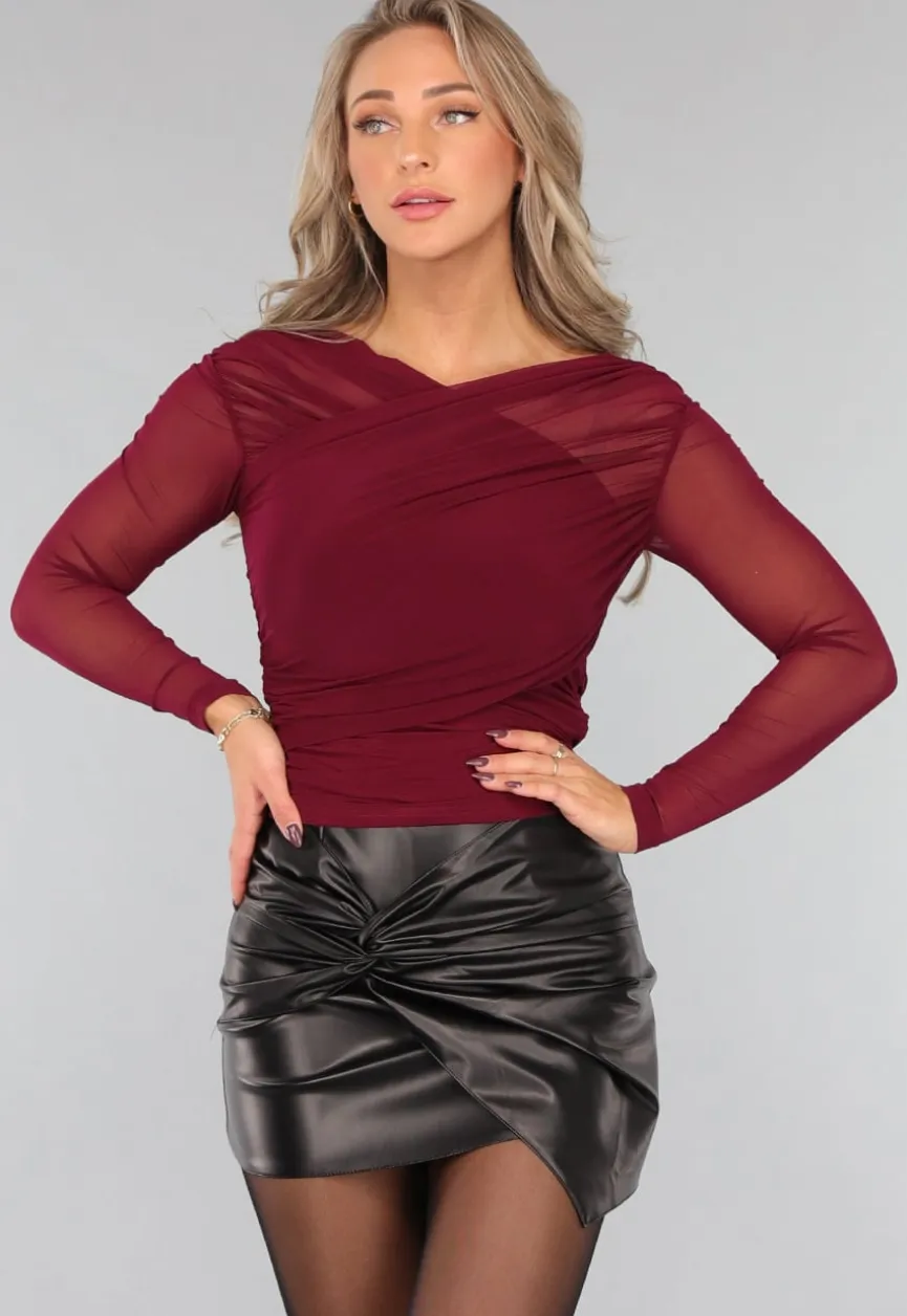 Burgundy Geplooide Mesh Top
