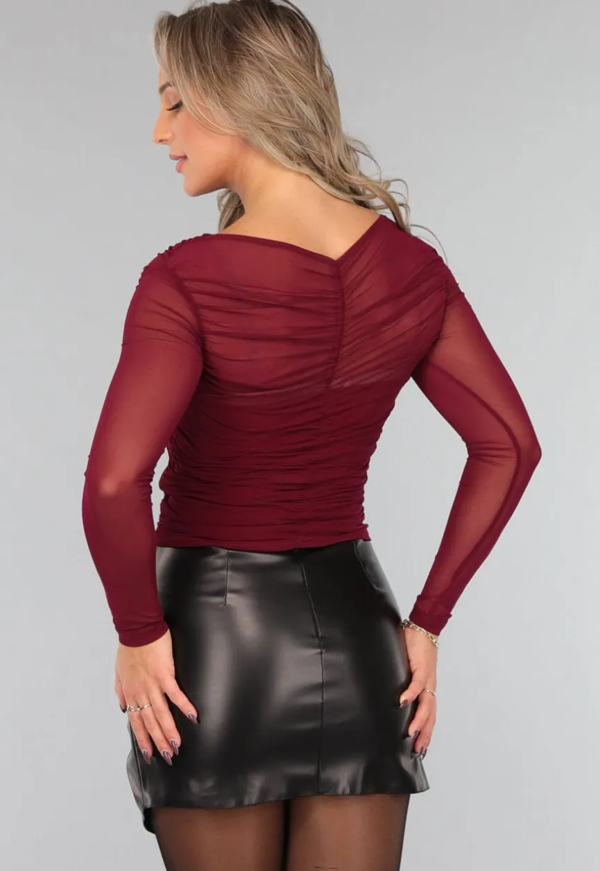 Burgundy Geplooide Mesh Top