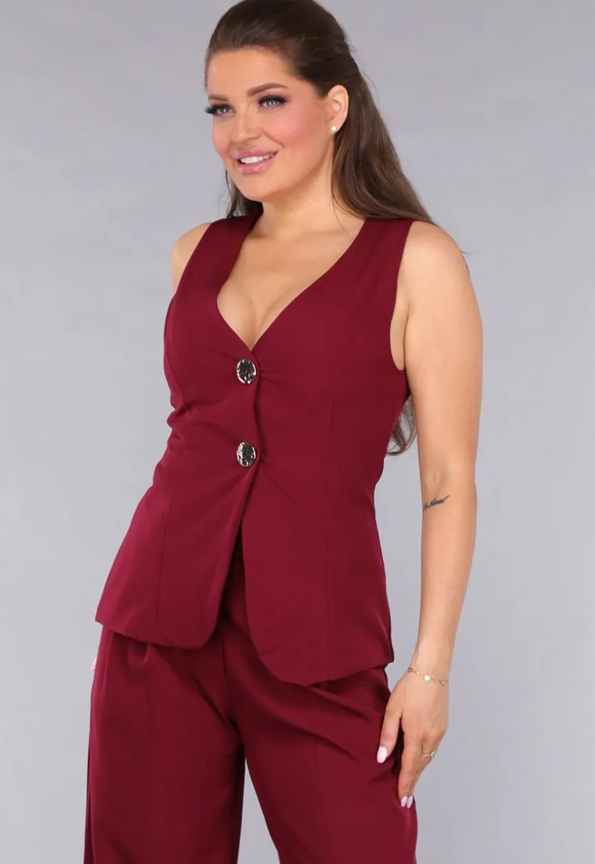 Burgundy Gilet Co Ord Set met Pantalon