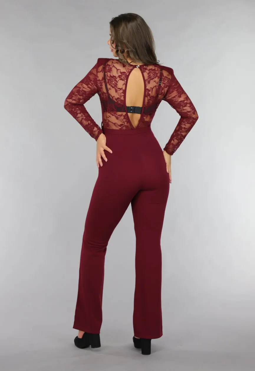 Burgundy Jumpsuit met Kanten Details