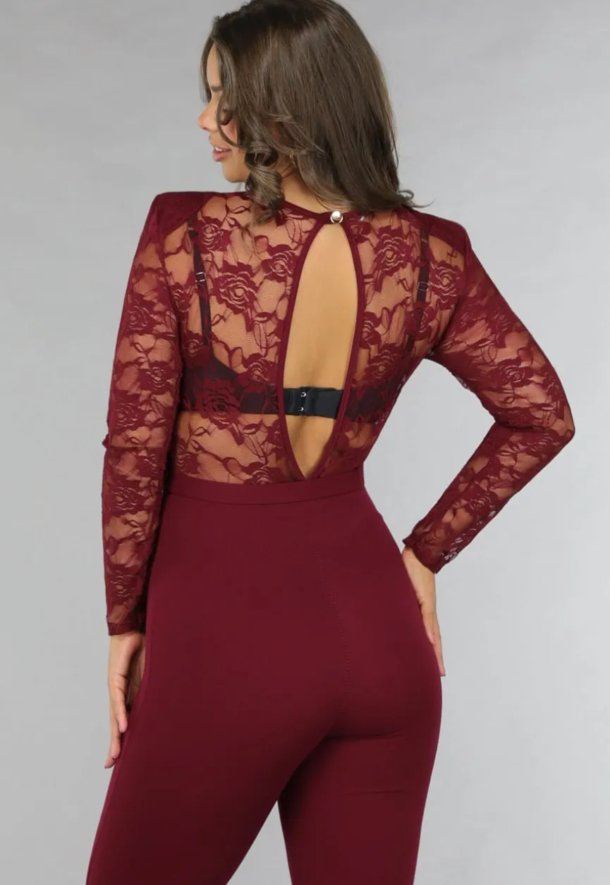 Burgundy Jumpsuit met Kanten Details