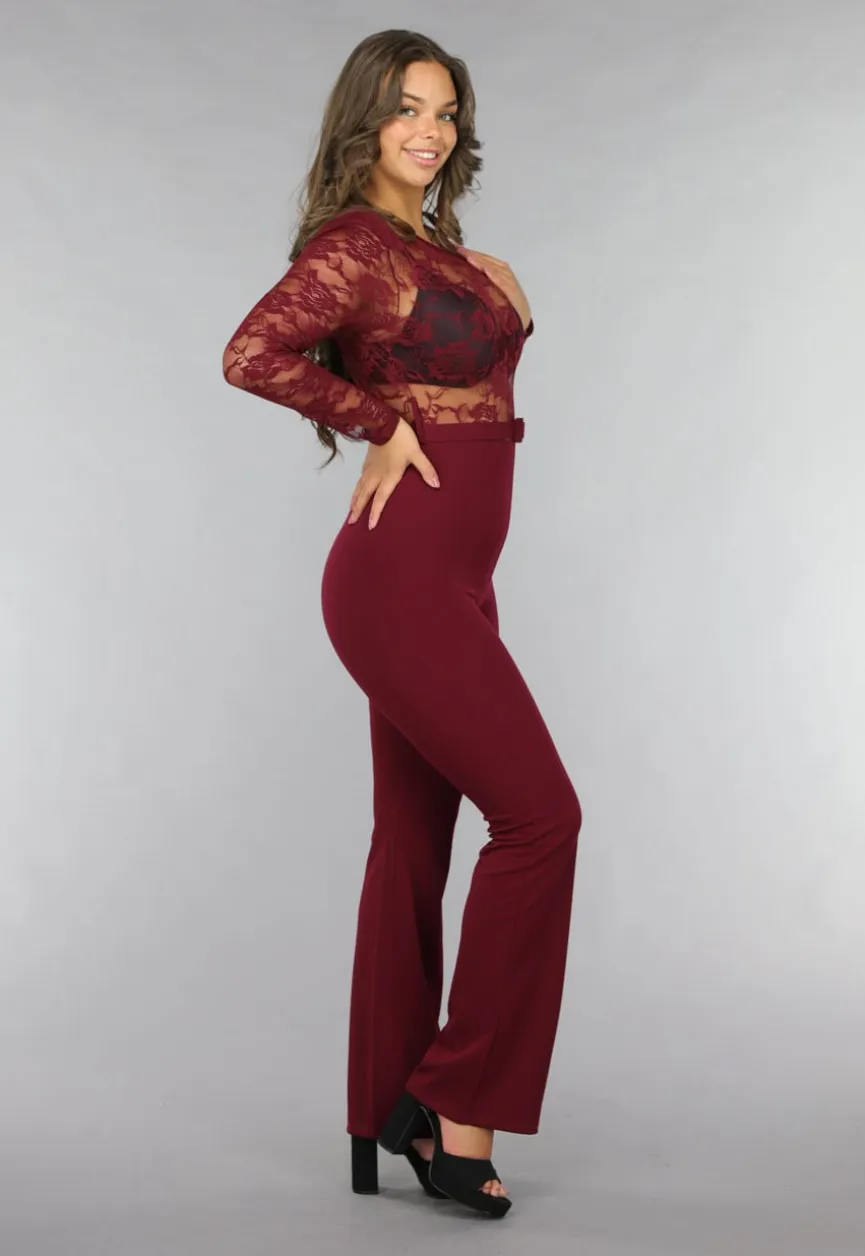 Burgundy Jumpsuit met Kanten Details