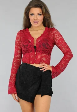 Burgundy Kanten Crop Top met Knoopjes