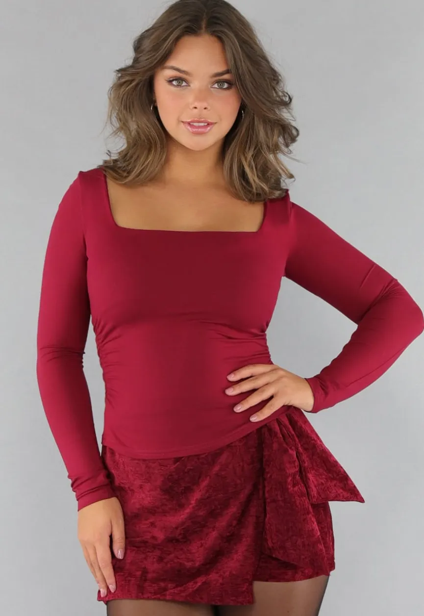 Burgundy Longsleeve Top met Vierkante Hals