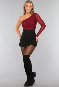 Burgundy One Shoulder Glitter Top