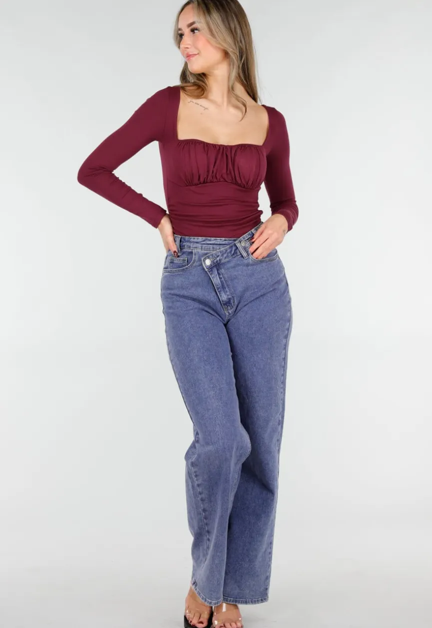 Burgundy Push-Up Longsleeve Top met Gerimpelde Bustier