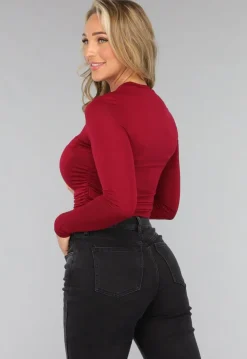 Burgundy Rode Geplooide Longsleeve Top