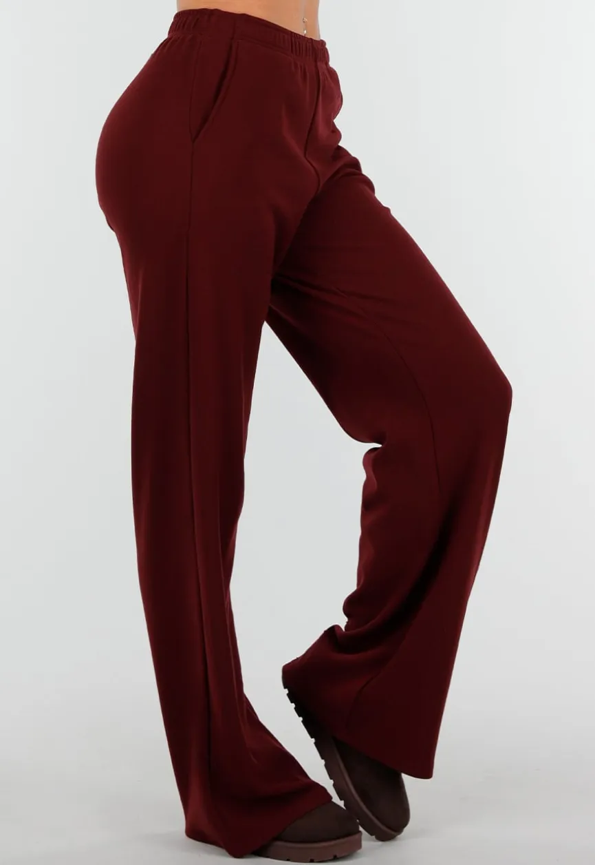 Burgundy Zachte Stretch Broek met Rechte Pijpen