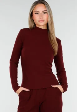 Burgundy Zachte Stretch Top met Col en Lange Mouwen