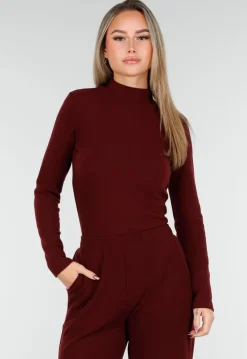 Burgundy Zachte Stretch Top met Col en Lange Mouwen