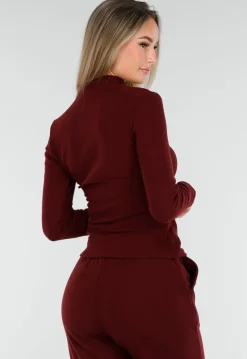 Burgundy Zachte Stretch Top met Col en Lange Mouwen