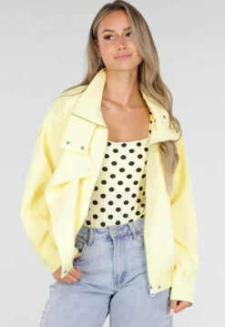 Butter Yellow Bikerjack met Opstaande Kraag en Ritssluiting