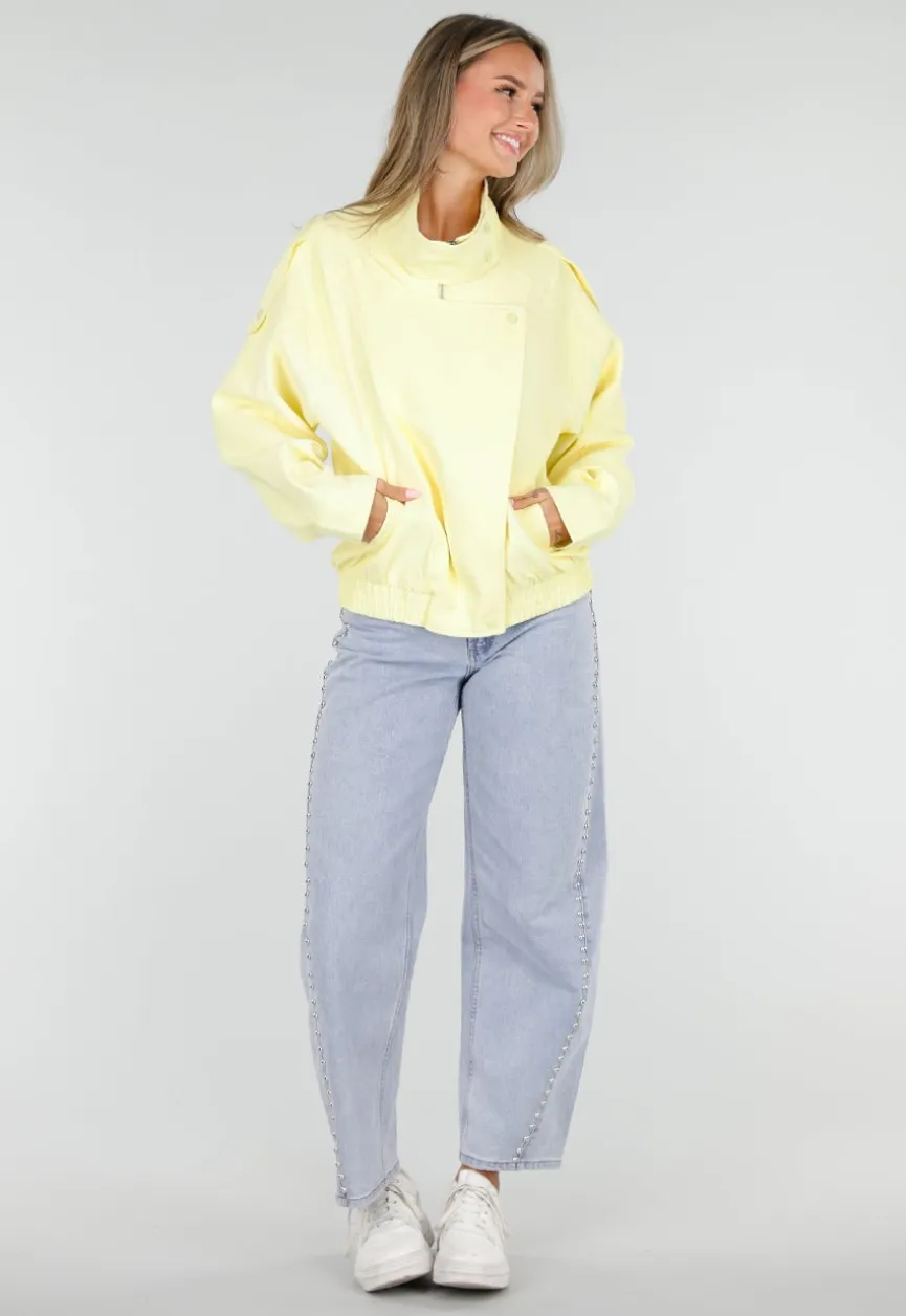 Butter Yellow Bikerjack met Opstaande Kraag en Ritssluiting