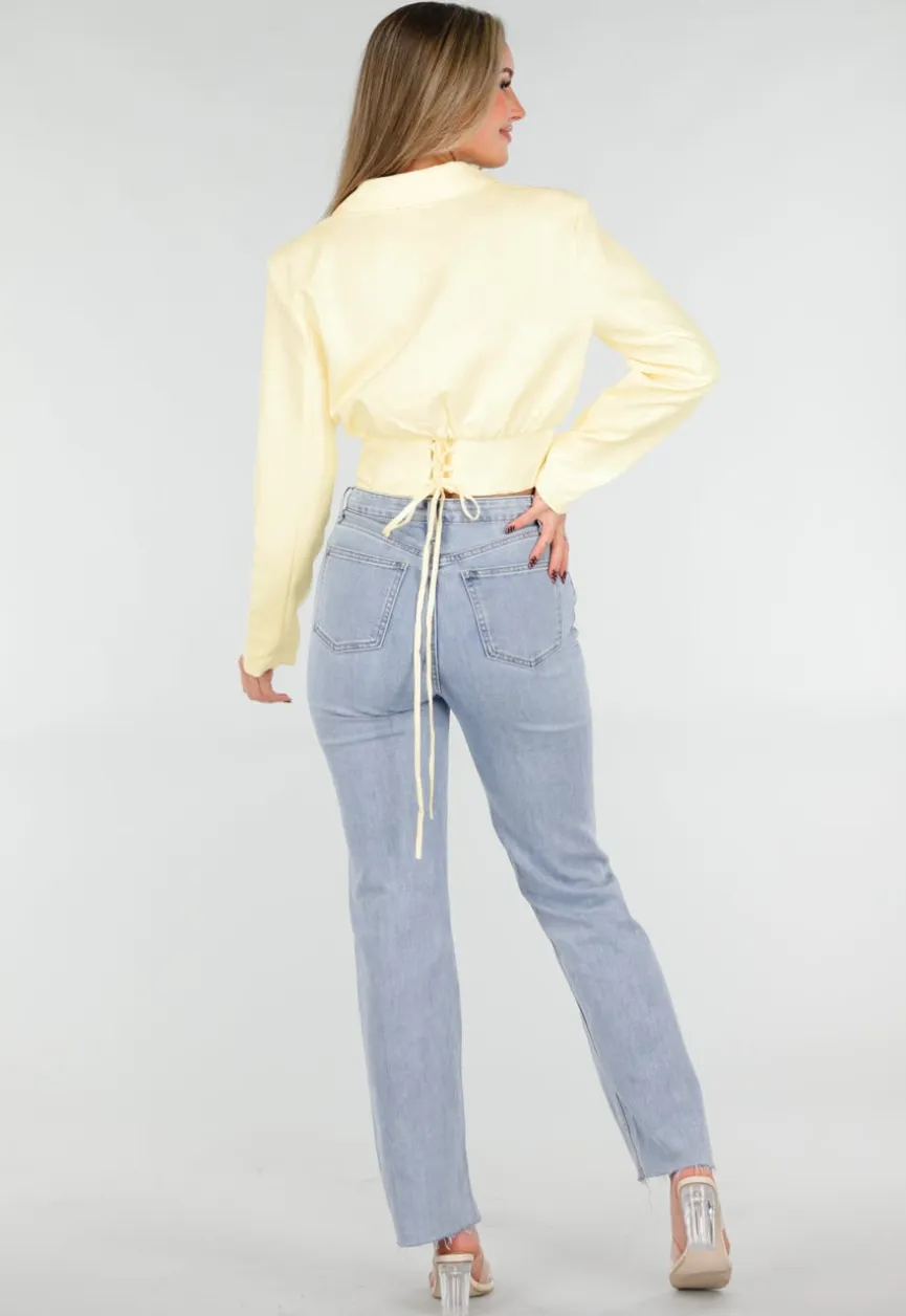 Butter Yellow Blazer Set met Strapless Top