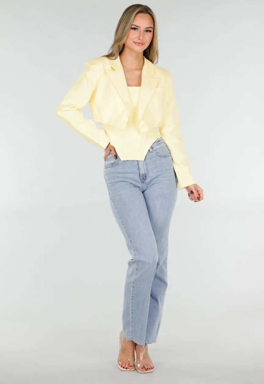 Butter Yellow Blazer Set met Strapless Top