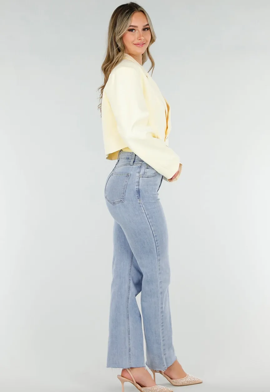Butter Yellow Cropped Blazer met Gouden Strass Knopen