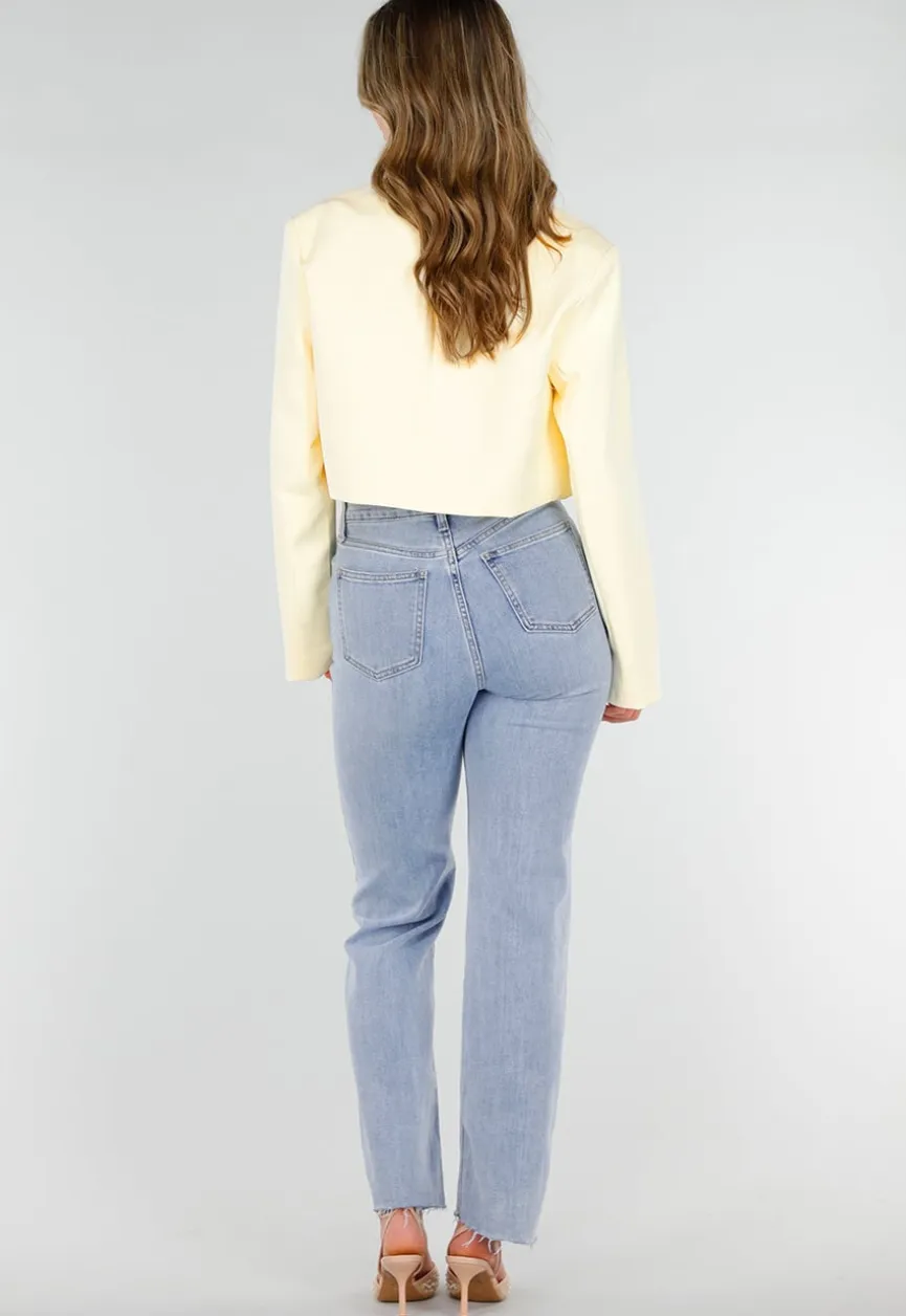 Butter Yellow Cropped Blazer met Gouden Strass Knopen