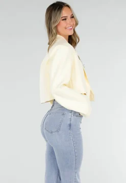Butter Yellow Cropped Blazer met Gouden Strass Knopen